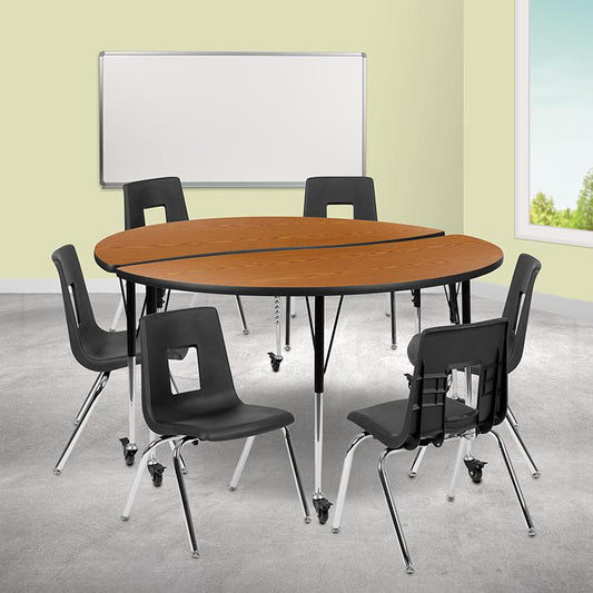 Mobile 60" Circle Wave Collaborative Laminate Activity Table Set With 18" Student Stack Chairs, Oak/Black By Flash Furniture | Dining Sets | Modishstore