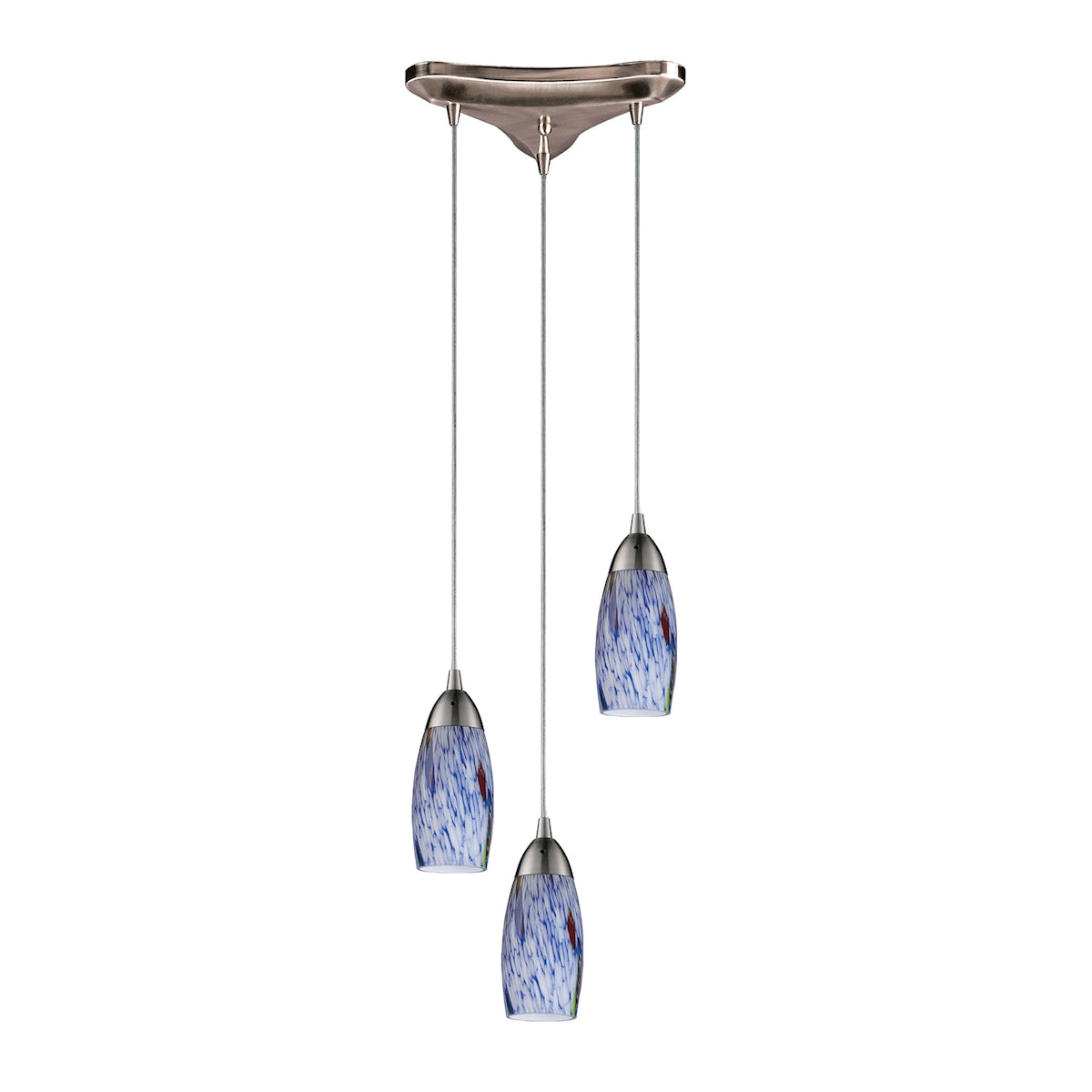 Milan 3-Light Triangular Pendant Fixture in Satin Nickel with Starburst Blue Glass ELK Lighting | Pendant Lamps | Modishstore