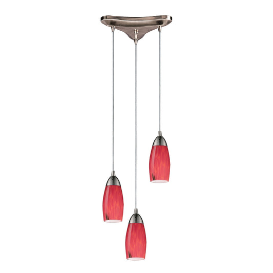 Milan 3-Light Triangular Pendant Fixture in Satin Nickel with Fire Red Glass ELK Lighting | Pendant Lamps | Modishstore