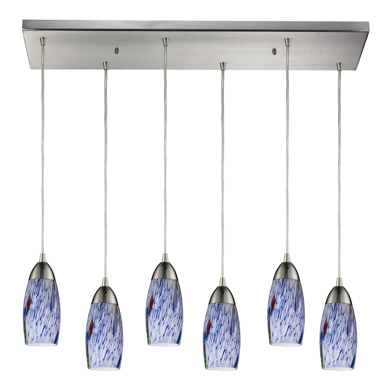 Milan 6-Light Rectangular Pendant Fixture in Satin Nickel with Starburst Blue Glass ELK Lighting | Pendant Lamps | Modishstore