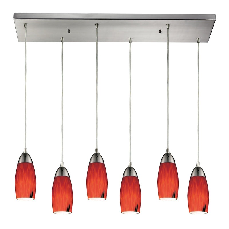 Milan 6-Light Rectangular Pendant Fixture in Satin Nickel with Fire Red Glass ELK Lighting | Pendant Lamps | Modishstore