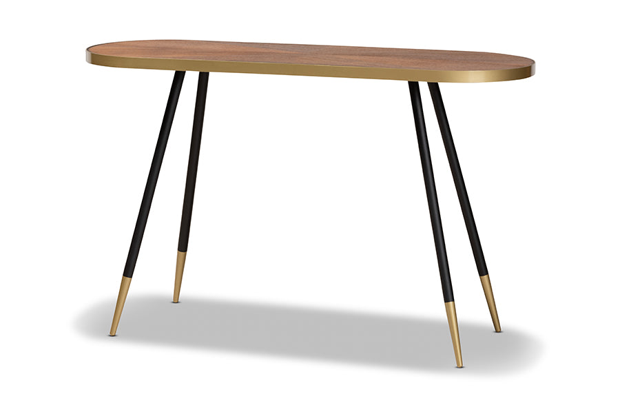baxton studio lauro modern and contemporary walnut wood finished and two tone gold and black metal console table | Modish Furniture Store-2