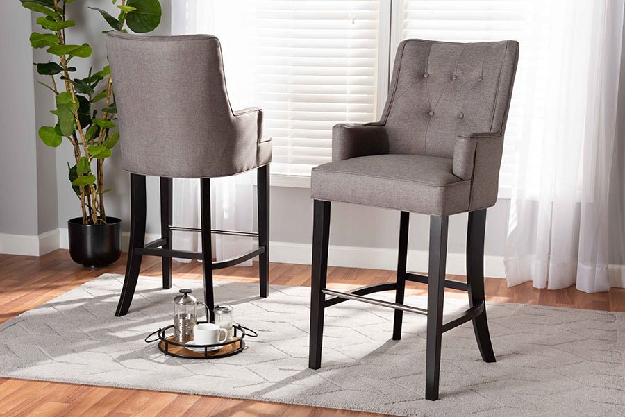 Baxton Studio Aldon Modern and Contemporary Grey Fabric Upholstered and Dark Brown Finished Wood 2-Piece Bar Stool Set | Bar Stools | Modishstore - 2