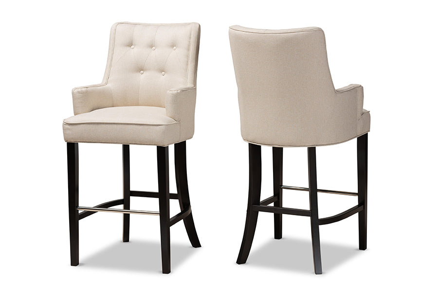 baxton studio aldon modern and contemporary light beige fabric upholstered and dark brown finished wood 2 piece bar stool set | Modish Furniture Store-2