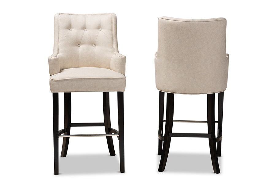 baxton studio aldon modern and contemporary light beige fabric upholstered and dark brown finished wood 2 piece bar stool set | Modish Furniture Store-3