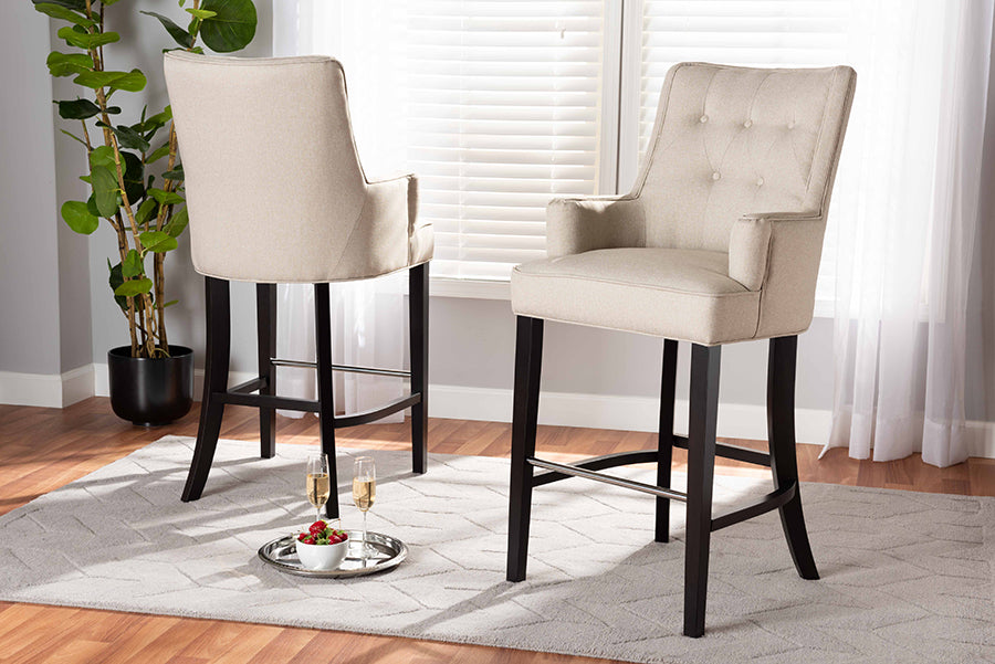 Baxton Studio Aldon Modern and Contemporary Light Beige Fabric Upholstered and Dark Brown Finished Wood 2-Piece Bar Stool Set | Modishstore | Bar Stools