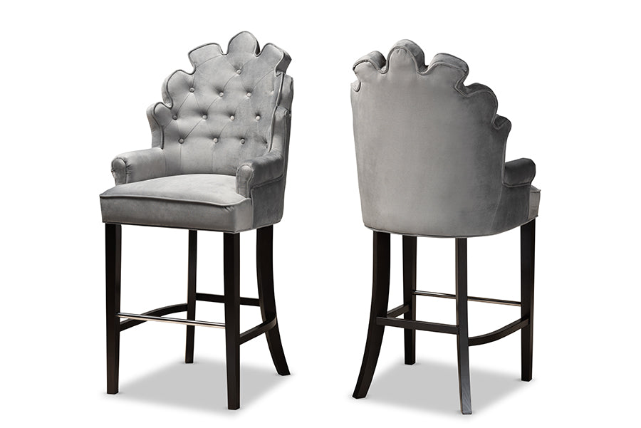 baxton studio chloe modern and contemporary dark grey velvet upholstered and dark brown finished wood 2 piece bar stool set | Modish Furniture Store-2
