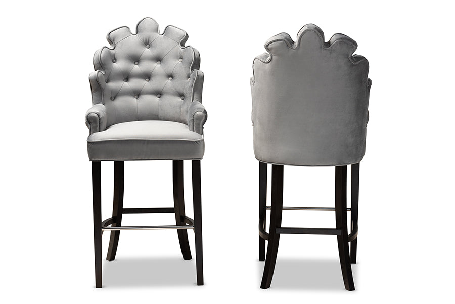 baxton studio chloe modern and contemporary dark grey velvet upholstered and dark brown finished wood 2 piece bar stool set | Modish Furniture Store-3