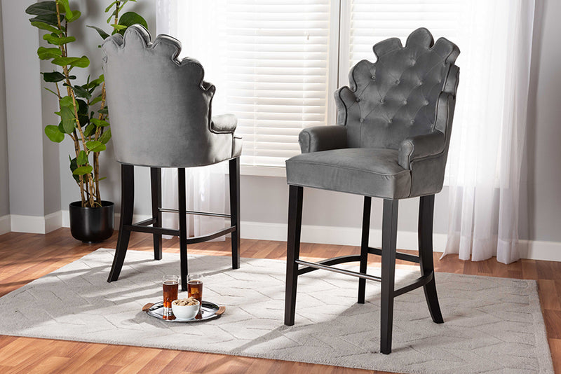 Baxton Studio Chloe Modern and Contemporary Dark Grey Velvet Upholstered and Dark Brown Finished Wood 2-Piece Bar Stool Set | Modishstore | Bar Stools