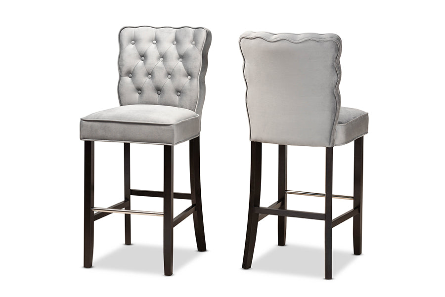 Baxton Studio Daphne Modern and Contemporary Dark Grey Velvet Fabric Upholstered and Dark Brown Finished Wood 2-Piece Bar Stool Set | Bar Stools | Modishstore - 5