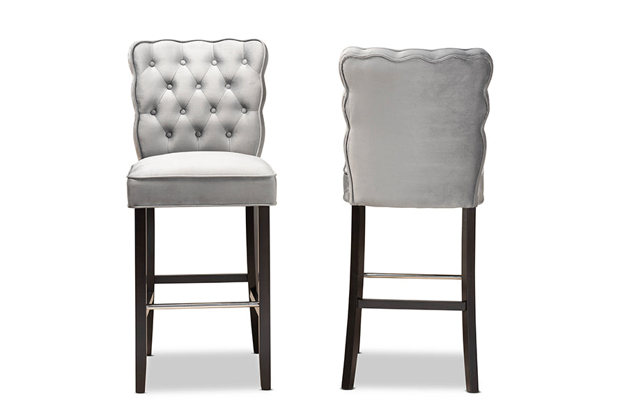 Baxton Studio Daphne Modern and Contemporary Dark Grey Velvet Fabric Upholstered and Dark Brown Finished Wood 2-Piece Bar Stool Set | Bar Stools | Modishstore - 4