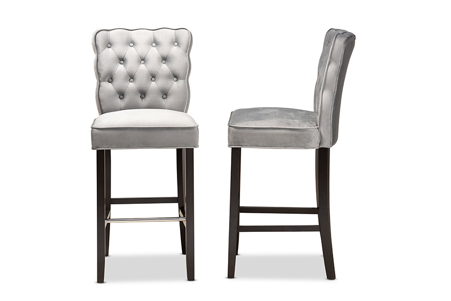 Baxton Studio Daphne Modern and Contemporary Dark Grey Velvet Fabric Upholstered and Dark Brown Finished Wood 2-Piece Bar Stool Set | Bar Stools | Modishstore - 3