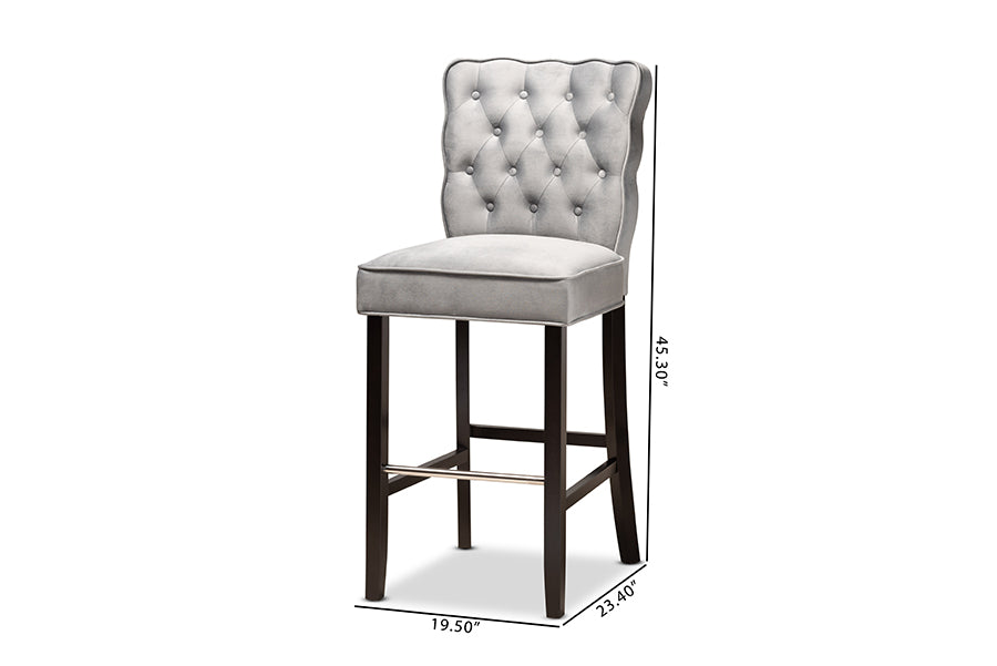 Baxton Studio Daphne Modern and Contemporary Dark Grey Velvet Fabric Upholstered and Dark Brown Finished Wood 2-Piece Bar Stool Set | Bar Stools | Modishstore - 6