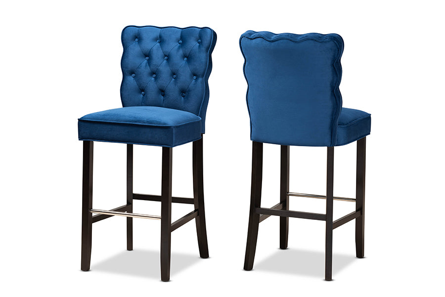 Baxton Studio Daphne Modern and Contemporary Navy Blue Velvet Fabric Upholstered and Dark Brown Finished Wood 2-Piece Bar Stool Set | Bar Stools | Modishstore - 2