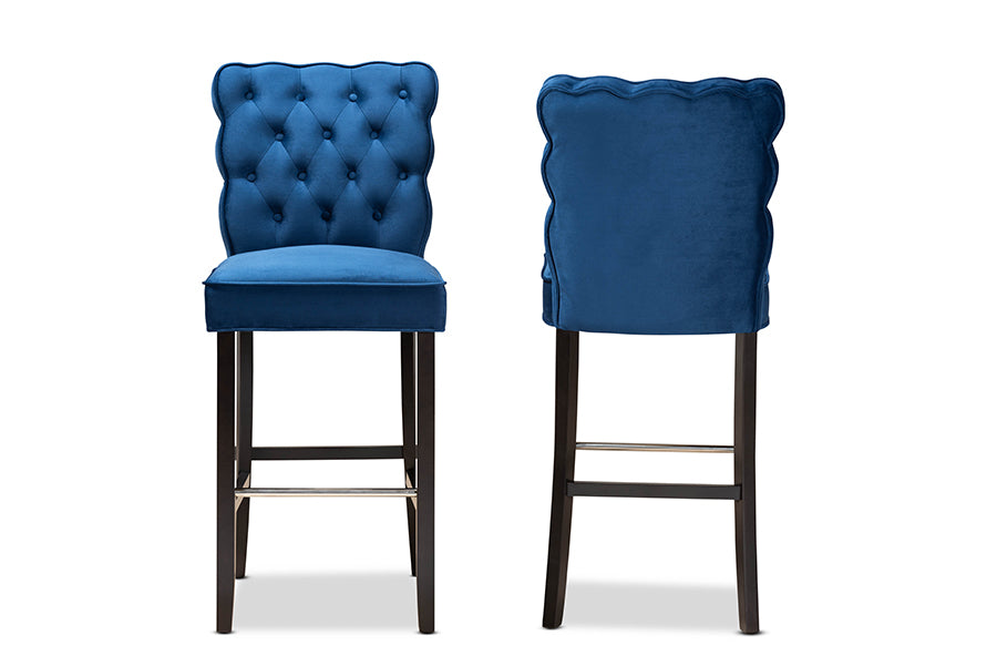 Baxton Studio Daphne Modern and Contemporary Navy Blue Velvet Fabric Upholstered and Dark Brown Finished Wood 2-Piece Bar Stool Set | Bar Stools | Modishstore - 4