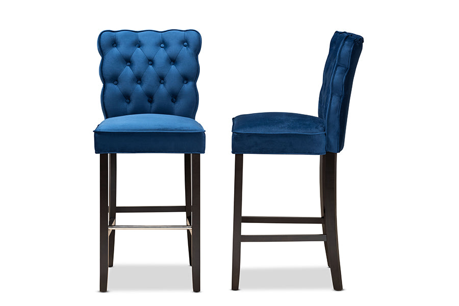 Baxton Studio Daphne Modern and Contemporary Navy Blue Velvet Fabric Upholstered and Dark Brown Finished Wood 2-Piece Bar Stool Set | Bar Stools | Modishstore - 3