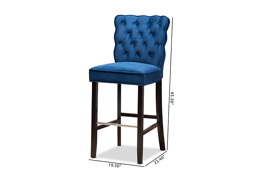 Baxton Studio Daphne Modern and Contemporary Navy Blue Velvet Fabric Upholstered and Dark Brown Finished Wood 2-Piece Bar Stool Set | Bar Stools | Modishstore - 6