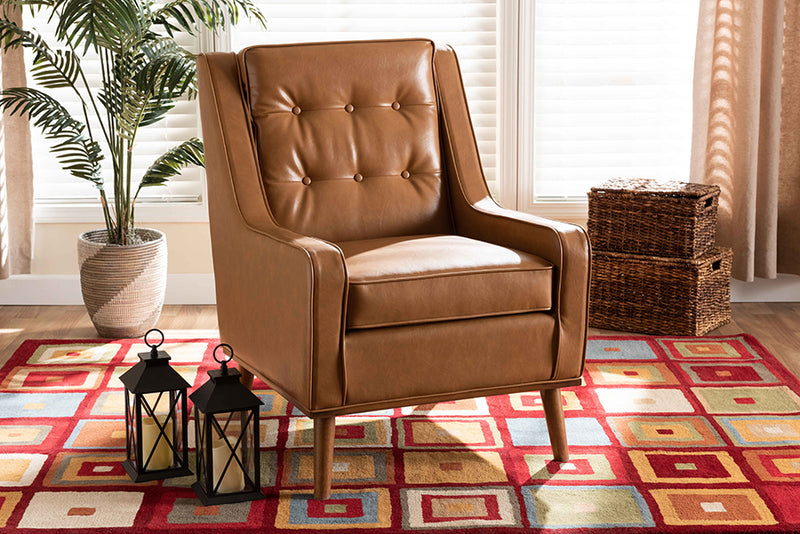 Baxton Studio Daley Modern and Contemporary Tan Faux Leather Upholstered and Walnut Brown Finished Wood Lounge Armchair | Armchairs | Modishstore