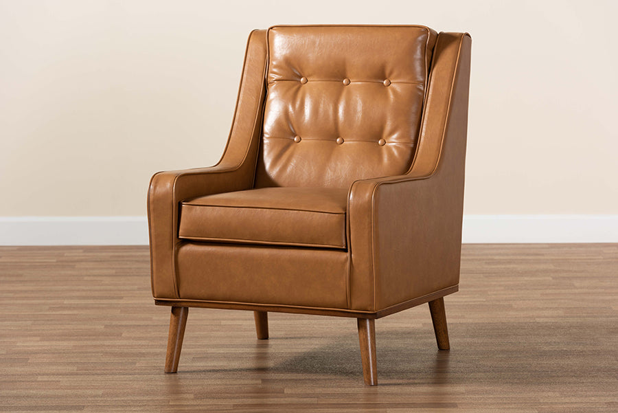 Baxton Studio Daley Modern and Contemporary Tan Faux Leather Upholstered and Walnut Brown Finished Wood Lounge Armchair | Armchairs | Modishstore - 2
