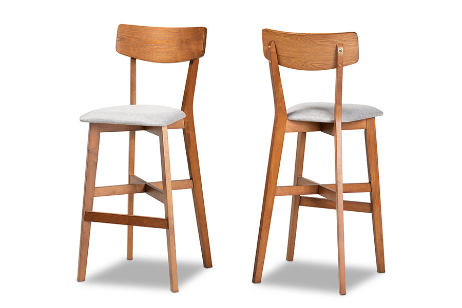 baxton studio cameron modern and contemporary transitional grey fabric upholstered and walnut brown finished wood 2 piece bar stool set | Modish Furniture Store-2