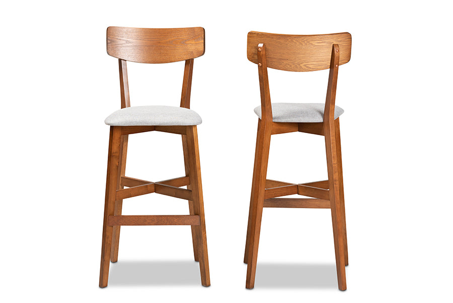 baxton studio cameron modern and contemporary transitional grey fabric upholstered and walnut brown finished wood 2 piece bar stool set | Modish Furniture Store-3