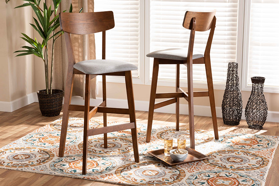 Baxton Studio Cameron Modern and Contemporary Transitional Grey Fabric Upholstered and Walnut Brown Finished Wood 2-Piece Bar Stool Set | Modishstore | Bar Stools