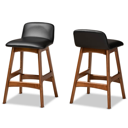 Baxton Studio Darrin Mid-Century Modern Black Faux Leather Upholstered and Walnut Brown Finished Wood 2-Piece Counter Stool Set | Counter Stools | Modishstore
