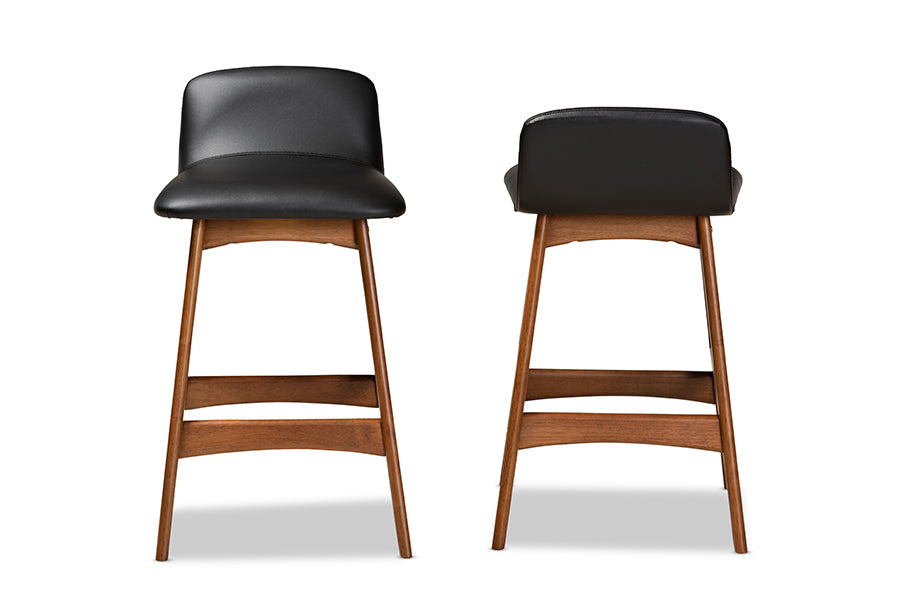 Baxton Studio Darrin Mid-Century Modern Black Faux Leather Upholstered and Walnut Brown Finished Wood 2-Piece Counter Stool Set | Counter Stools | Modishstore - 6