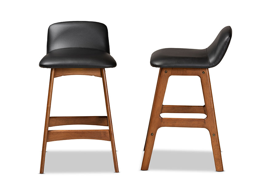 Baxton Studio Darrin Mid-Century Modern Black Faux Leather Upholstered and Walnut Brown Finished Wood 2-Piece Counter Stool Set | Counter Stools | Modishstore - 5