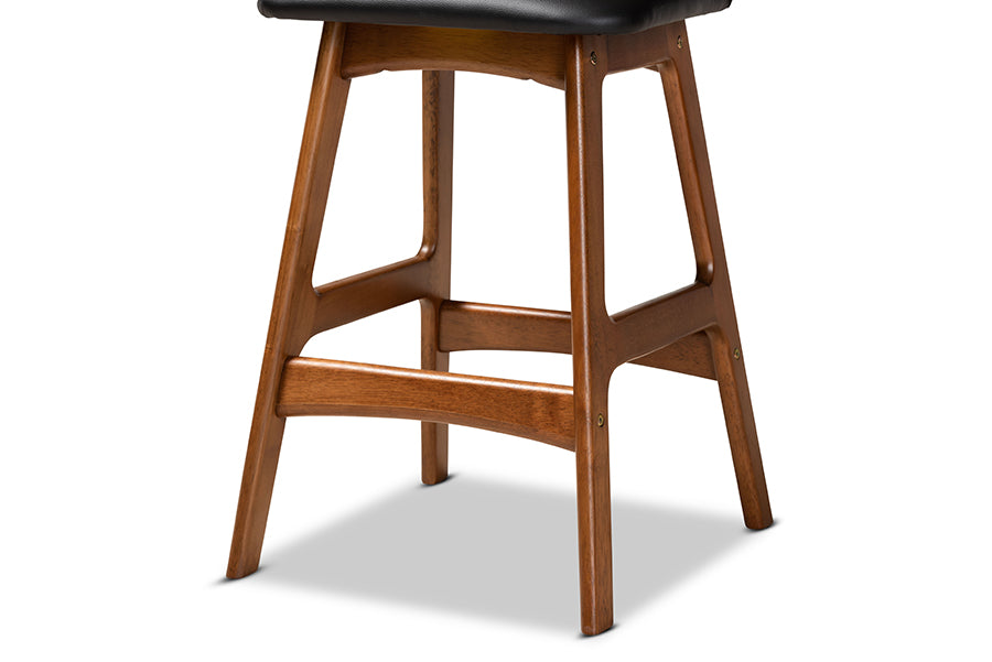 Baxton Studio Darrin Mid-Century Modern Black Faux Leather Upholstered and Walnut Brown Finished Wood 2-Piece Counter Stool Set | Counter Stools | Modishstore - 3