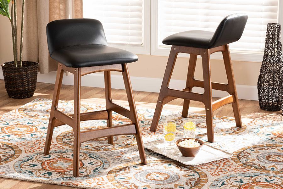 Baxton Studio Darrin Mid-Century Modern Black Faux Leather Upholstered and Walnut Brown Finished Wood 2-Piece Counter Stool Set | Counter Stools | Modishstore - 2