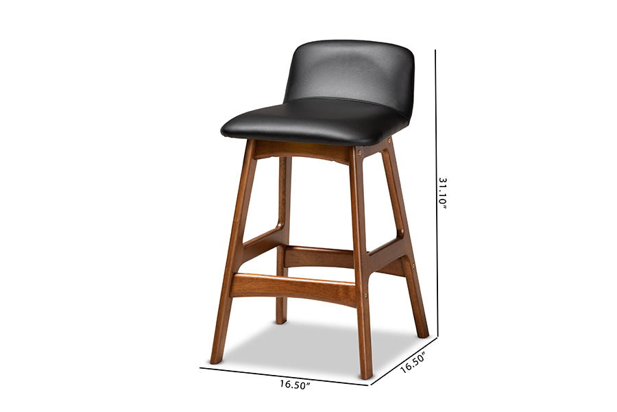 Baxton Studio Darrin Mid-Century Modern Black Faux Leather Upholstered and Walnut Brown Finished Wood 2-Piece Counter Stool Set | Counter Stools | Modishstore - 7