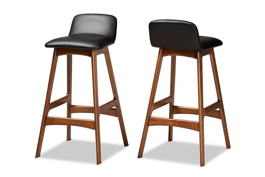 baxton studio darrin mid century modern black faux leather upholstered and walnut brown finished wood 2 piece bar stool set | Modish Furniture Store-2