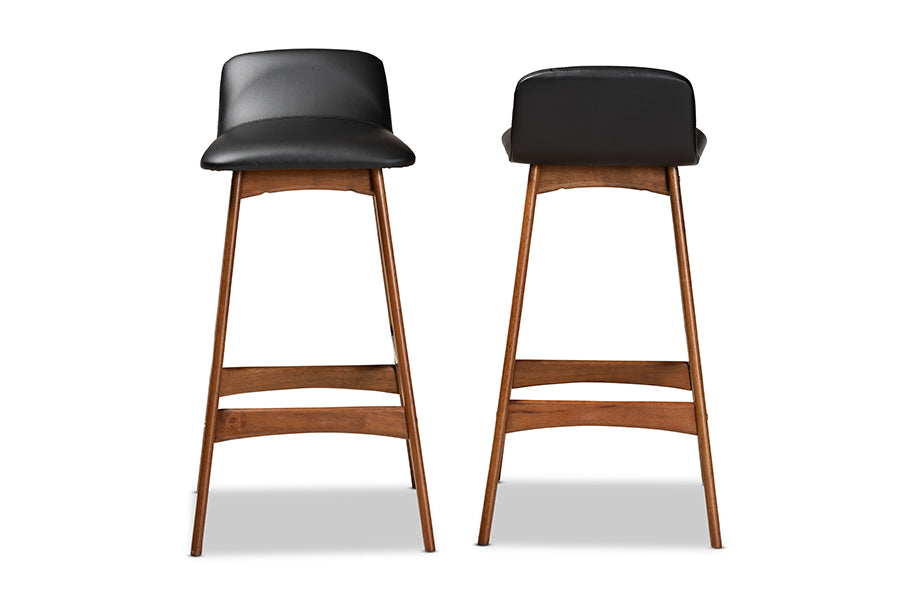 baxton studio darrin mid century modern black faux leather upholstered and walnut brown finished wood 2 piece bar stool set | Modish Furniture Store-3