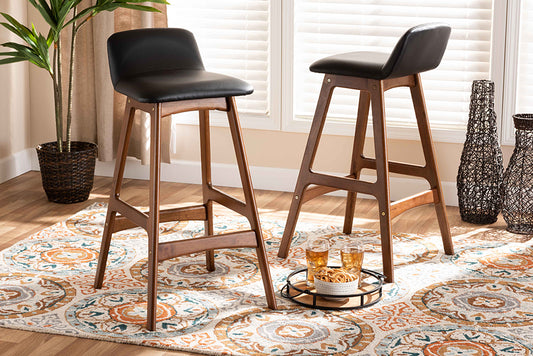 Baxton Studio Darrin Mid-Century Modern Black Faux Leather Upholstered and Walnut Brown Finished Wood 2-Piece Bar Stool Set | Modishstore | Bar Stools