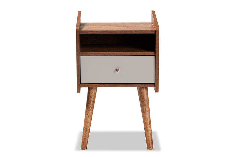 Baxton Studio Elario Mid-Century Modern Two-Tone Grey and Walnut Brown Finished Wood 1-Drawer Nightstand | Nightstands | Modishstore - 7