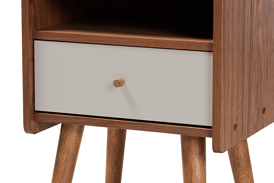 Baxton Studio Elario Mid-Century Modern Two-Tone Grey and Walnut Brown Finished Wood 1-Drawer Nightstand | Nightstands | Modishstore - 5