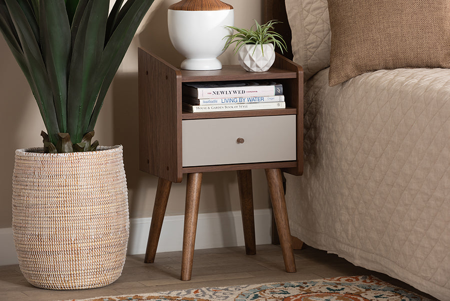 Baxton Studio Elario Mid-Century Modern Two-Tone Grey and Walnut Brown Finished Wood 1-Drawer Nightstand | Nightstands | Modishstore - 2