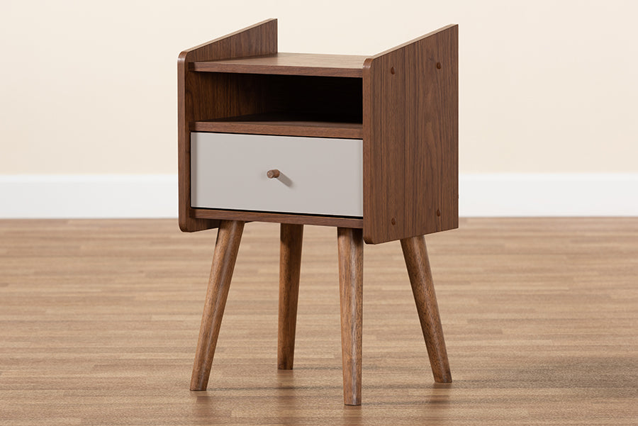 Baxton Studio Elario Mid-Century Modern Two-Tone Grey and Walnut Brown Finished Wood 1-Drawer Nightstand | Nightstands | Modishstore - 3