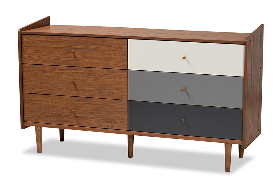 baxton studio halden mid century modern multicolor walnut brown and grey gradient finished wood 6 drawer dresser | Modish Furniture Store-2