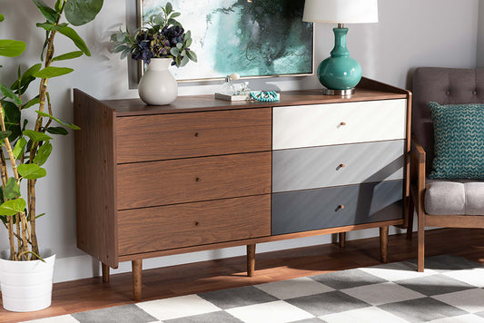 Baxton Studio Halden Mid-Century Modern Multicolor Walnut Brown and Grey Gradient Finished Wood 6-Drawer Dresser | Modishstore | Drawers