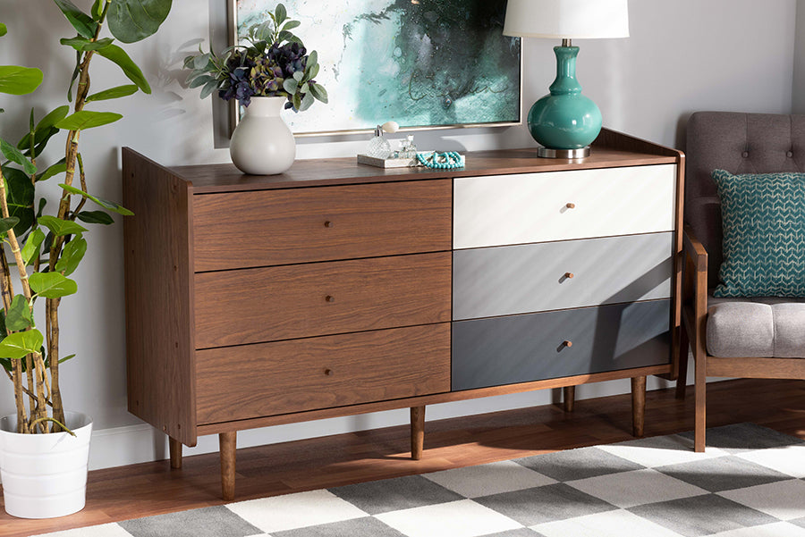 Baxton Studio Halden Mid-Century Modern Multicolor Walnut Brown and Grey Gradient Finished Wood 6-Drawer Dresser
