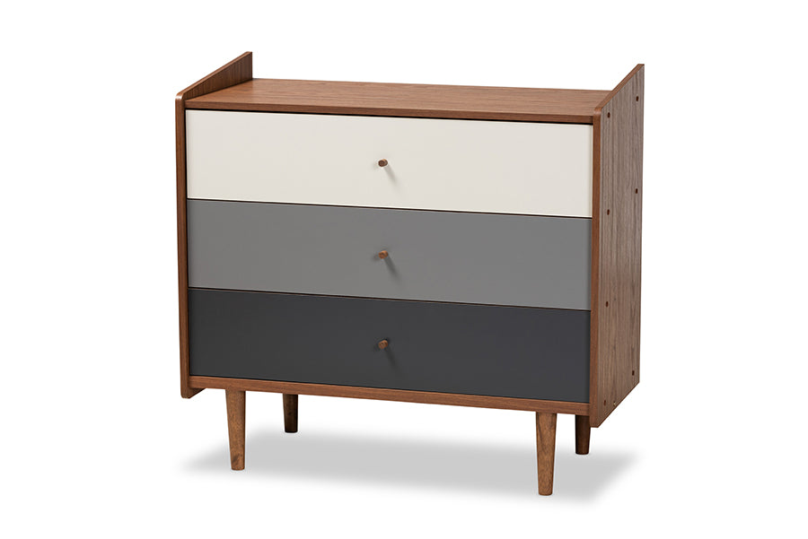 baxton studio halden mid century modern multicolor walnut brown and grey gradient finished wood 3 drawer chest | Modish Furniture Store-2