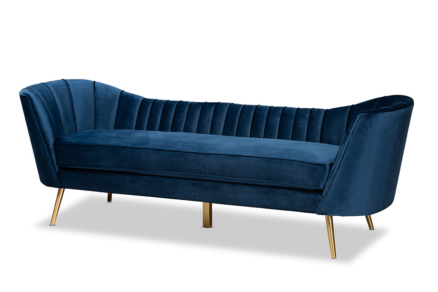 baxton studio kailyn glam and luxe navy blue velvet fabric upholstered and gold finished sofa | Modish Furniture Store-2