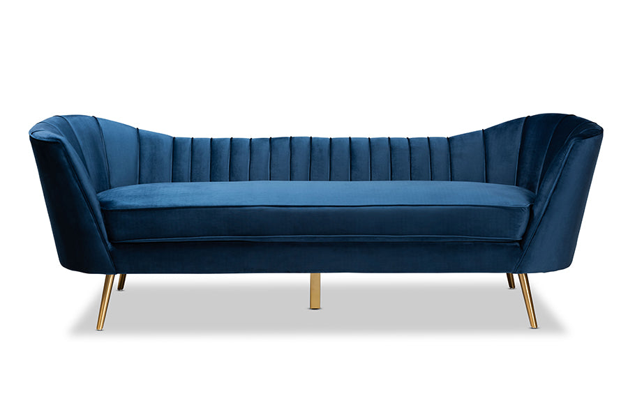 baxton studio kailyn glam and luxe navy blue velvet fabric upholstered and gold finished sofa | Modish Furniture Store-3