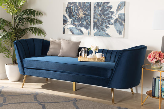 Baxton Studio Kailyn Glam and Luxe Navy Blue Velvet Fabric Upholstered and Gold Finished Sofa | Modishstore | Sofas