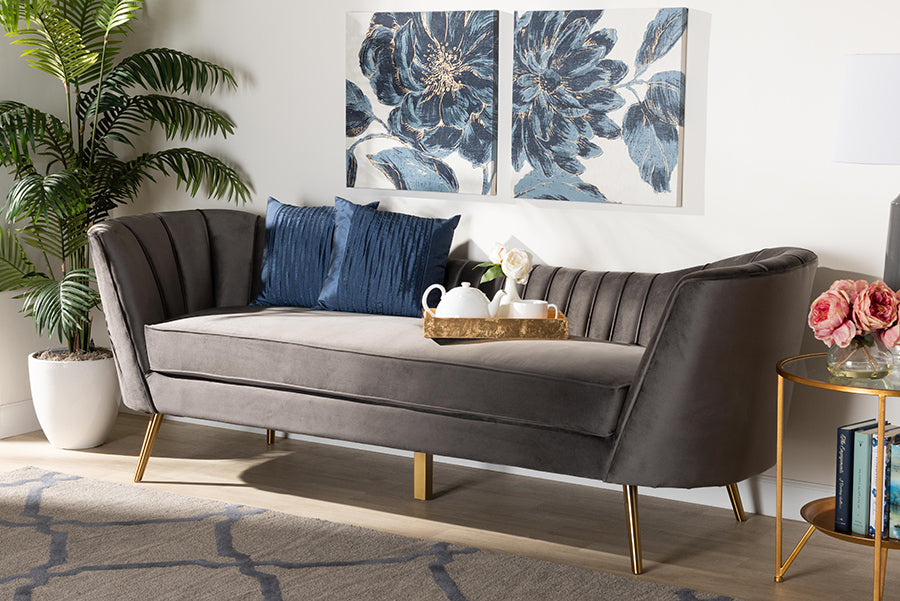 Baxton Studio Kailyn Glam and Luxe Grey Velvet Fabric Upholstered and Gold Finished Sofa | Modishstore | Sofas