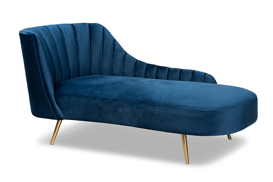 baxton studio kailyn glam and luxe navy blue velvet fabric upholstered and gold finished chaise | Modish Furniture Store-2
