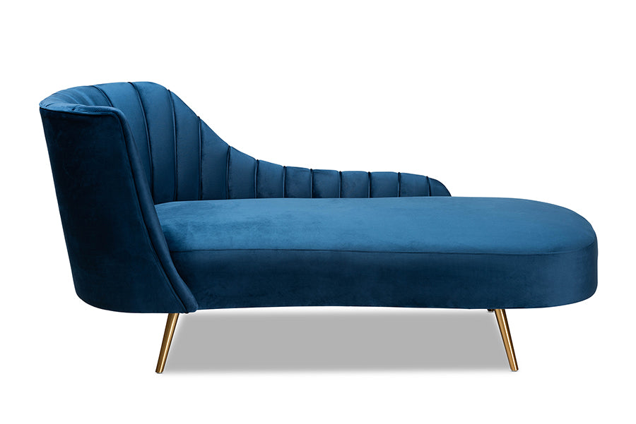 baxton studio kailyn glam and luxe navy blue velvet fabric upholstered and gold finished chaise | Modish Furniture Store-3