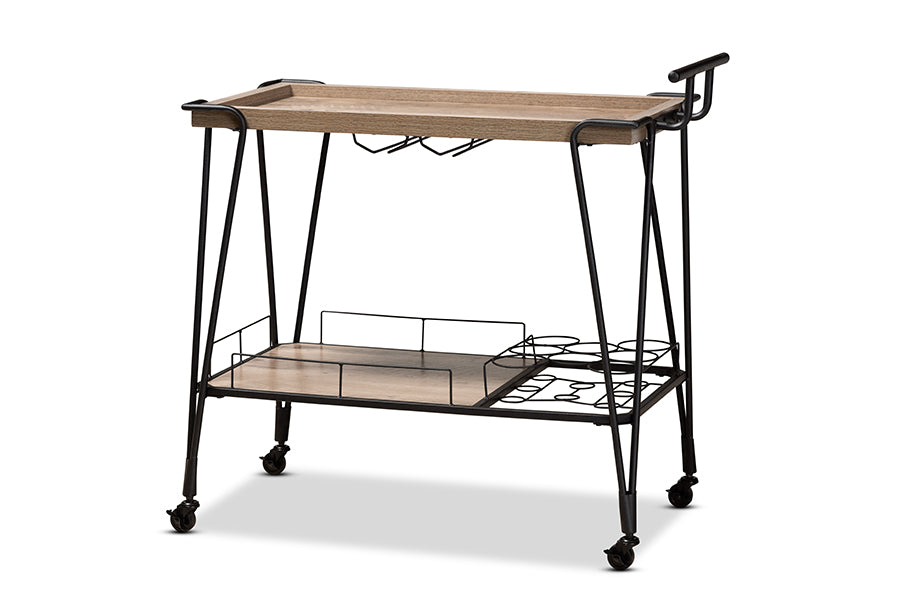 baxton studio perilla modern rustic and industrial oak brown finished wood and black finished metal 2 tier wine serving cart | Modish Furniture Store-2
